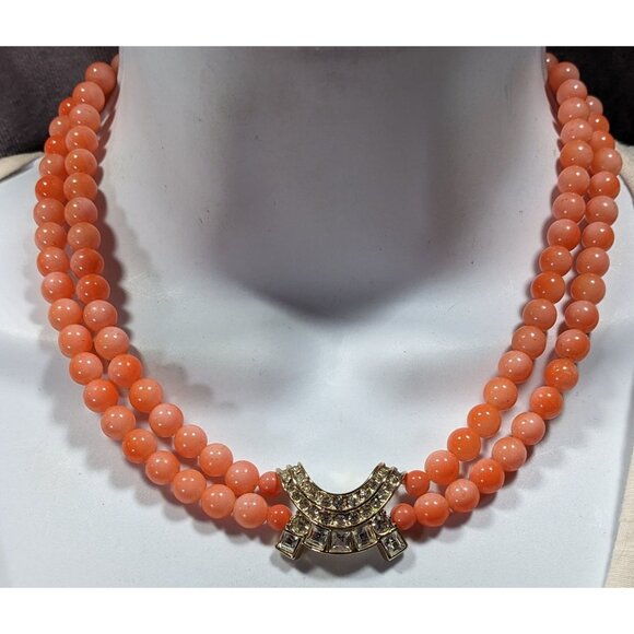 Vintage Salmon Tone Beaded Rhinestone Accent Beaded Necklace - Picture 2 of 6